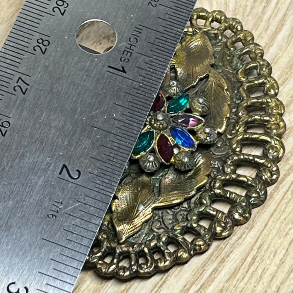 Vintage Florenza Style Rhinestone Floral Brooch Filigree Statement Pin - Picture 7 of 11